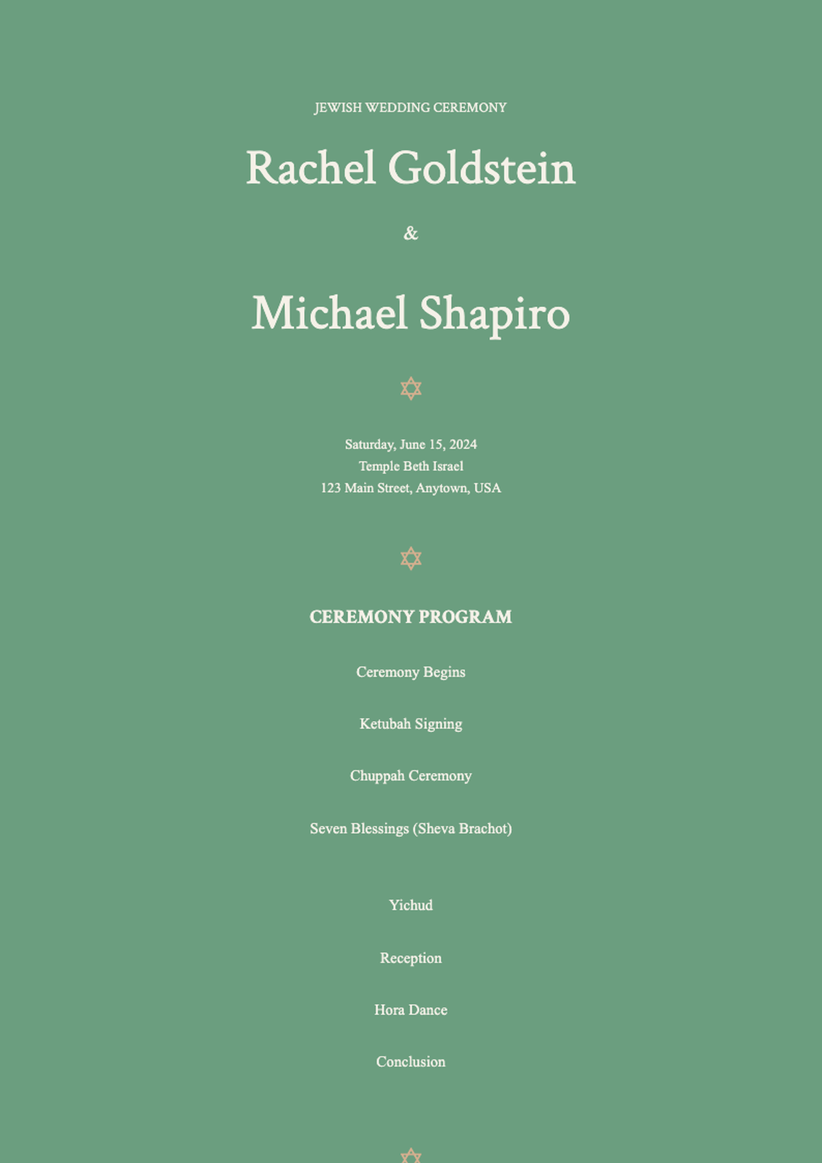 Elegant Jewish wedding ceremony program with floral border and green background_variant_3